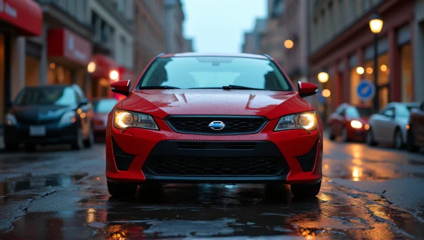 Red Sedan Urban Street Dusk Reflection