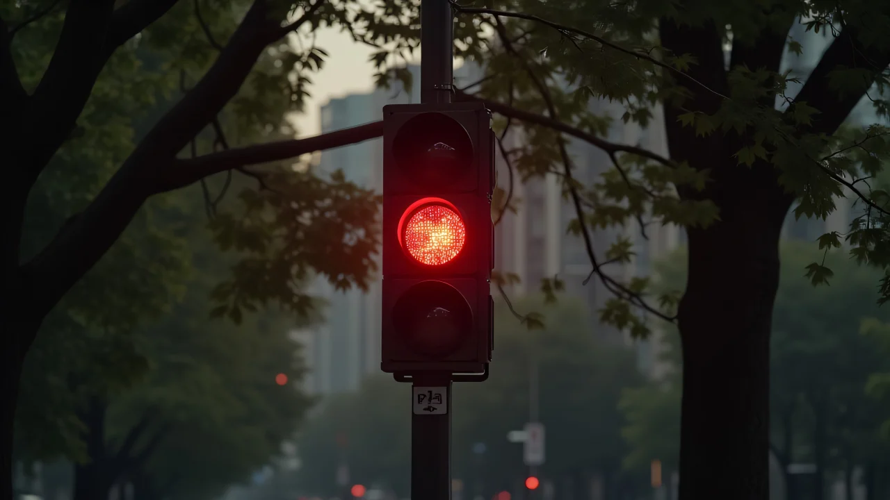 A red traffic light peeks through dense tree branches in an urban setting.