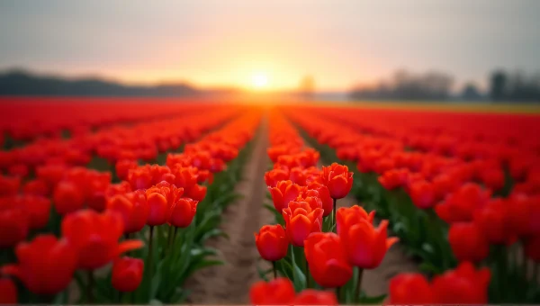 Red Tulip Field at Sunset with Pathway