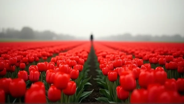 Red Tulip Field Under Overcast Sky Perspective