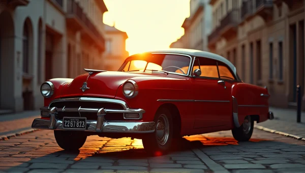 Red Vintage Car Sunset Cobblestone Street View