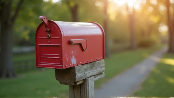 Red And White Mailbox On Weathered Wooden Post