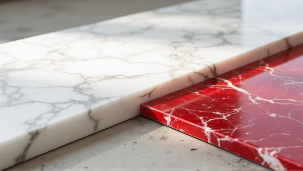 Red And White Marble Slabs On Concrete Floor