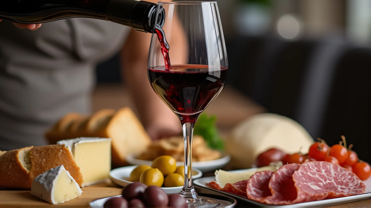 A person pouring red wine into a glass next to cheese and cured meats.