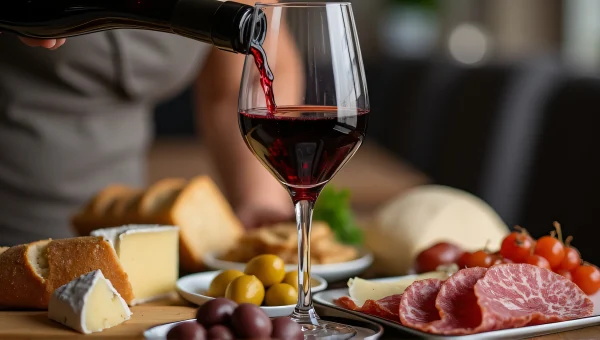 Red Wine Pouring with Cheese and Charcuterie Board