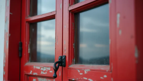 Red Wooden Window With Peeling Paint Reflection