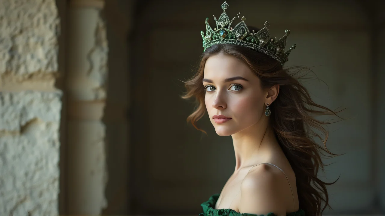 A woman with a green crown poses elegantly against a stone wall.