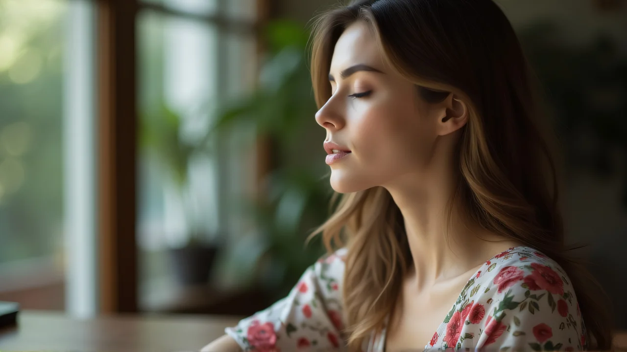 A woman in a floral top sits at a wooden table, eyes closed in relaxation by the window.