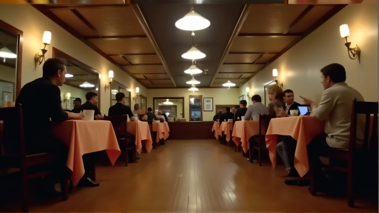 Wide-angle view of a restaurant showcasing tables, patrons, and pendant lighting.