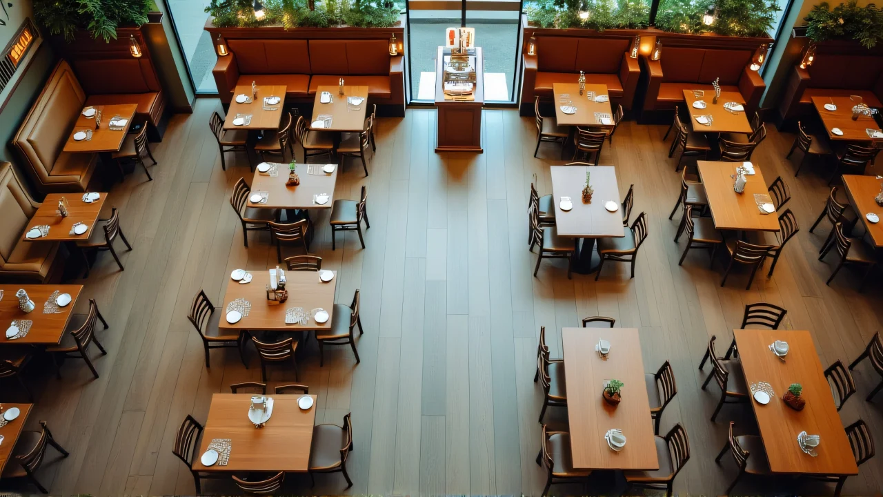 Overhead view of a restaurant seating arrangement with tables and booths.