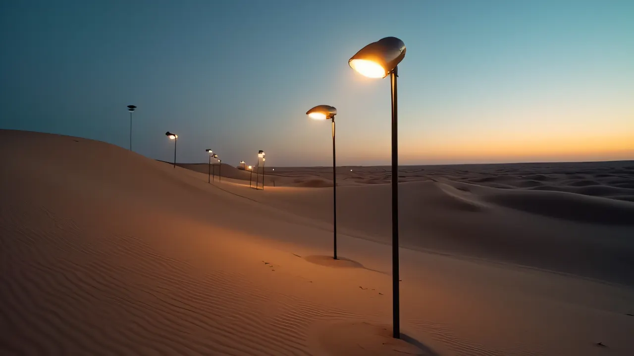 Wide-angle view of retro metal lamps on sand dunes at dusk with soft lighting and long shadows.