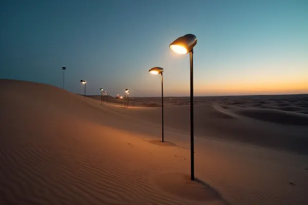 Retro Metal Lamps on Sand Dunes at Dusk