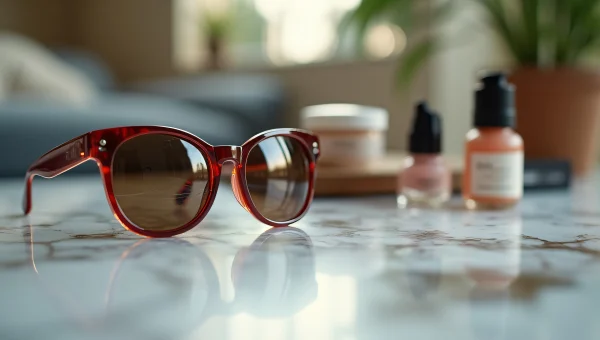 Retro Sunglasses and Cosmetics on Marble Tabletop