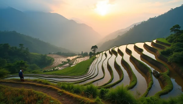 Rice Terraces Sunrise Farmers Planting Mountainside