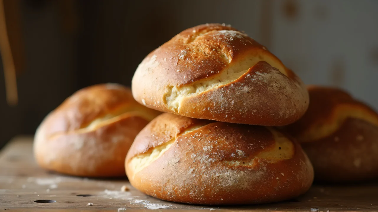 Close-up of ring-shaped loaves on a wooden table in a rustic kitchen.