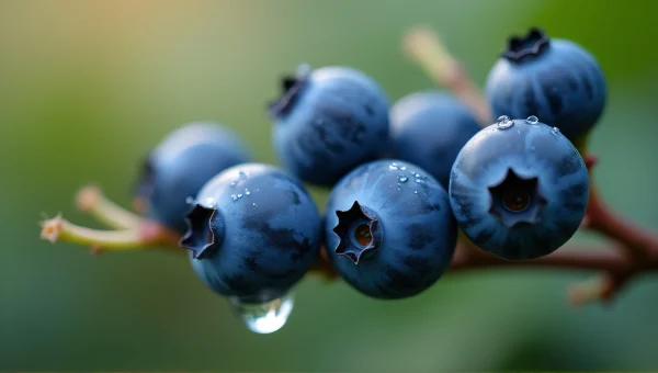 Ripe Blueberries Cluster on Twig with Dewdrops