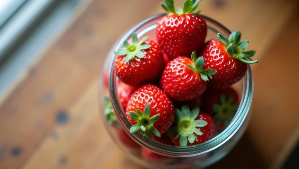 Ripe Strawberries In Glass Jar On Wooden Table