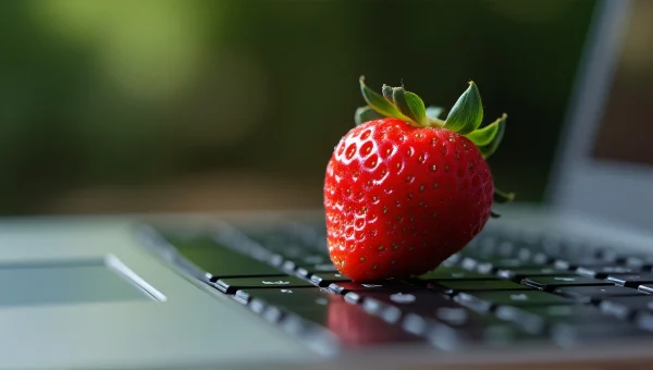 Ripe Strawberry Next To Laptop Keyboard