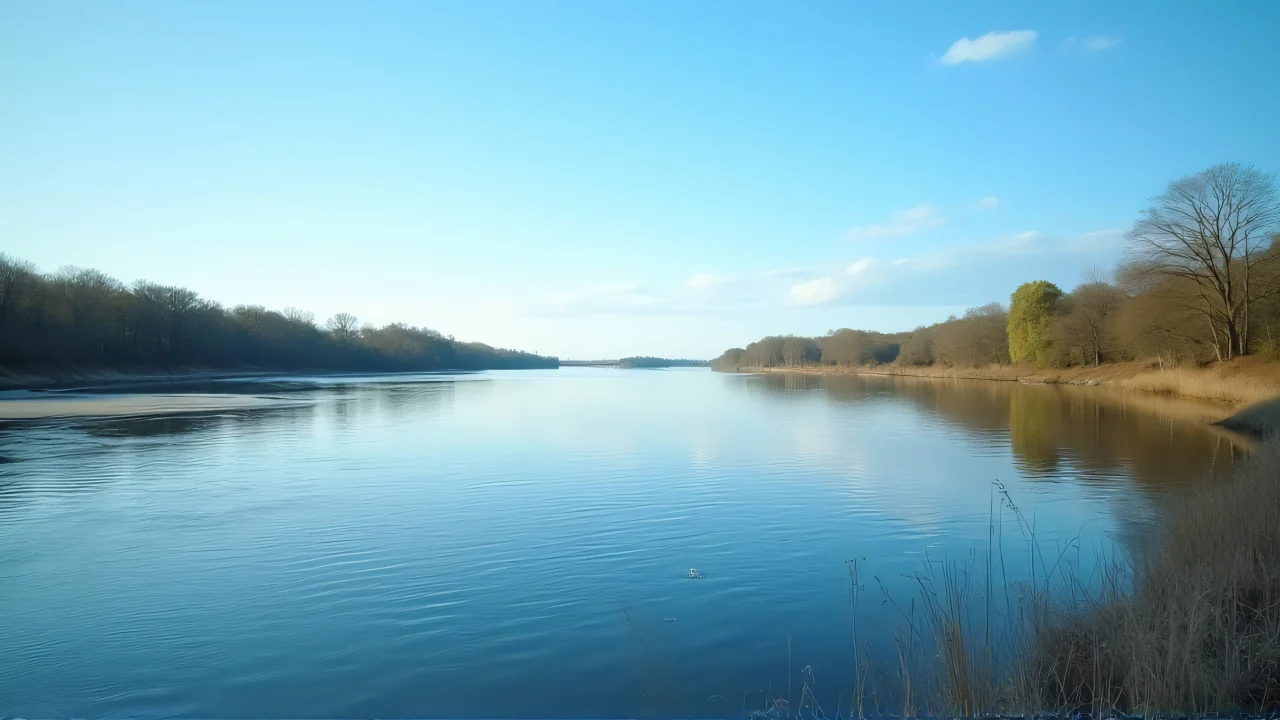 A serene river scene featuring a clear blue sky and trees in the distance.