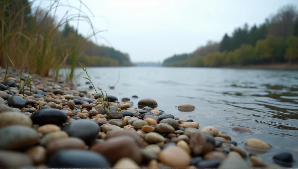 Riverbank View With Flowing Water And Reeds