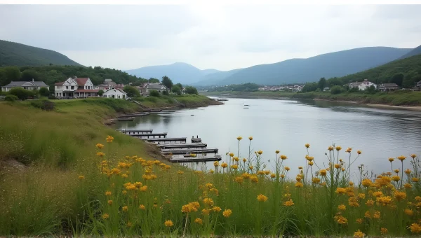 Riverside Village Landscape With Wildflowers