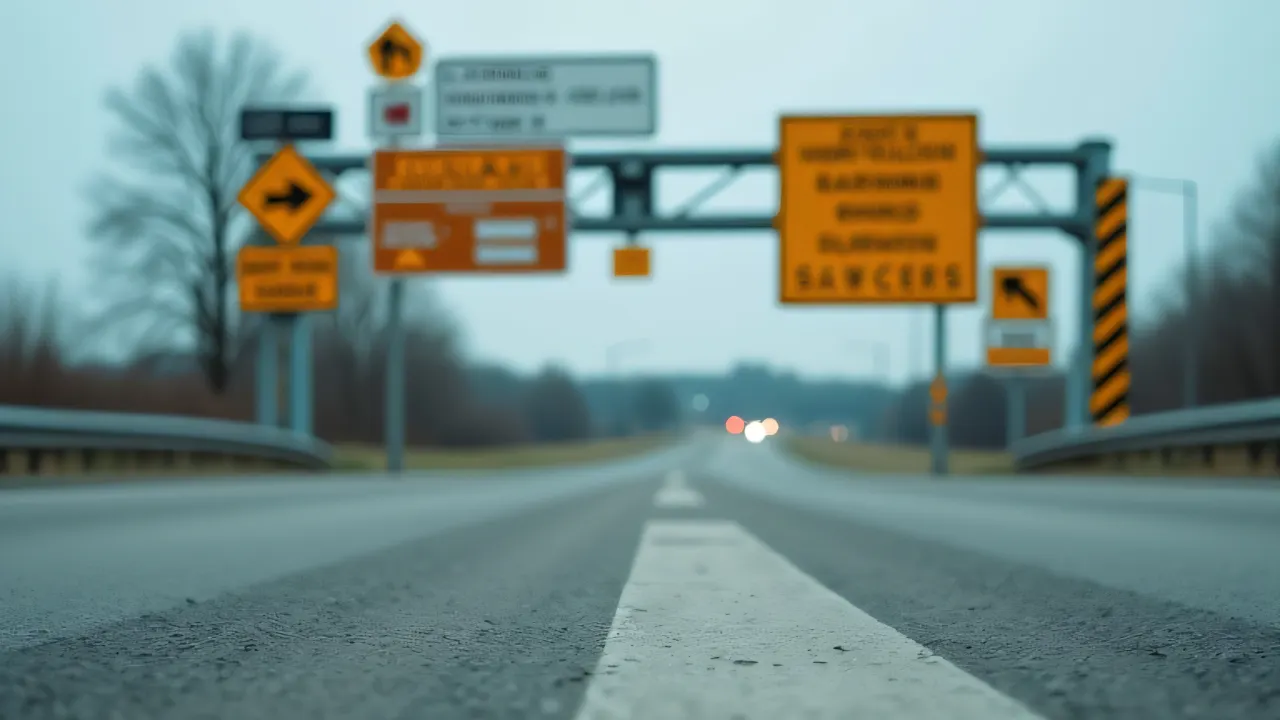 Close-up view of various road signs at a junction under an overcast sky.