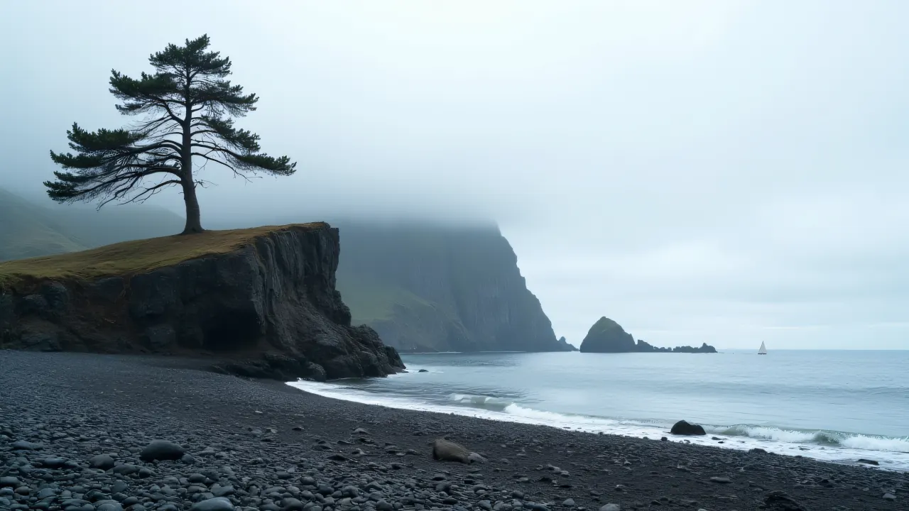 A rocky cliff with a weathered pine tree juts into the sea under an overcast sky, with a distant sailboat visible.