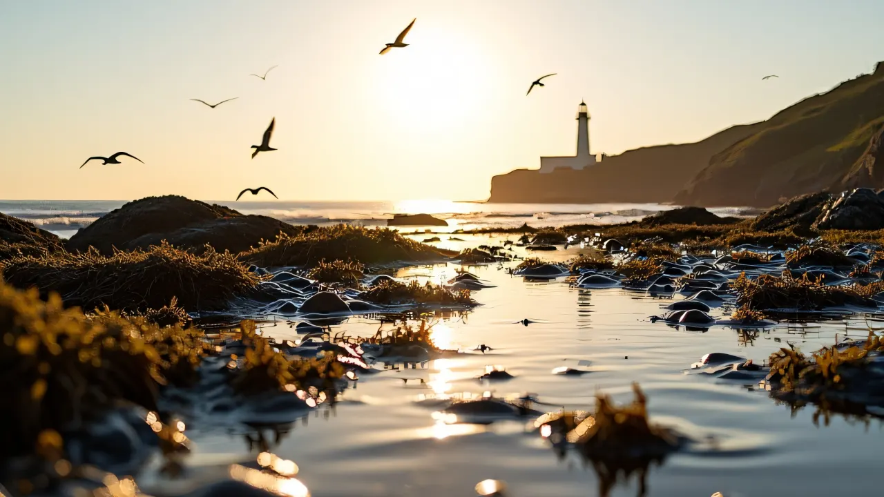 Scenic rocky coastal area at low tide featuring tide pools, seaweed, and a distant lighthouse.