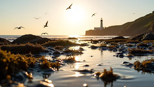Rocky Coastal Tide Pools With Lighthouse And Seabirds