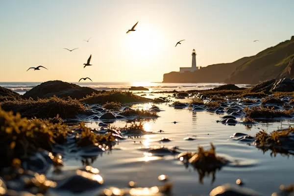 Rocky Coastal Tide Pools With Lighthouse And Seabirds