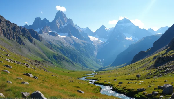 Rocky Mountain Range With Alpine Meadow Stream