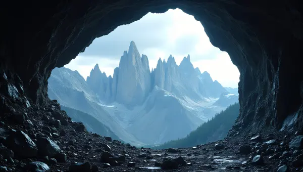 Rocky Mountain Range With Cave Entrance Panorama