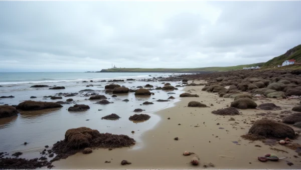 Rocky Shoreline With Lighthouse And Seaweed