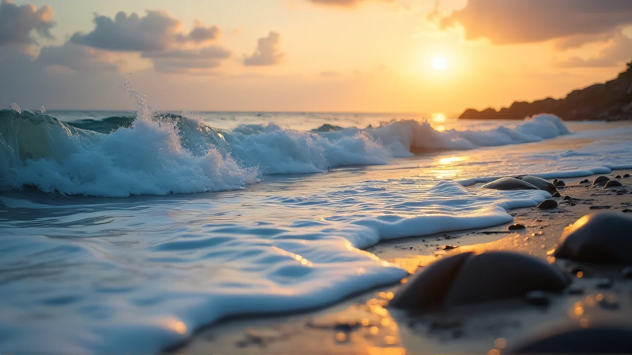 Close-up of sea waves crashing against rocky shore during golden hour.