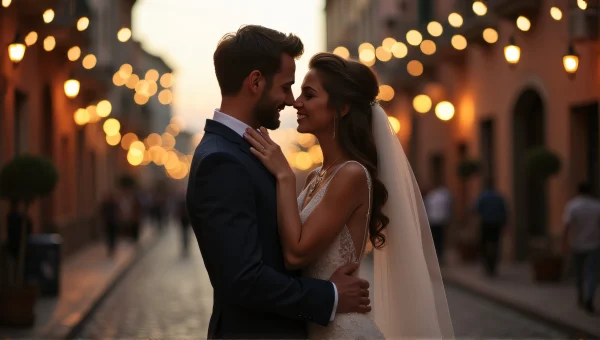 Romantic Newlywed Embrace Under String Lights