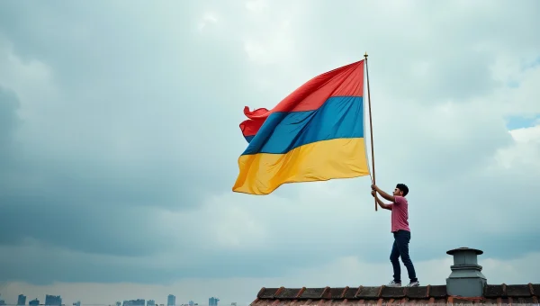 Rooftop Flag Raising Against Cloudy Sky