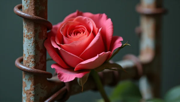 Rose Flower Entwined With Rusty Metal Frame