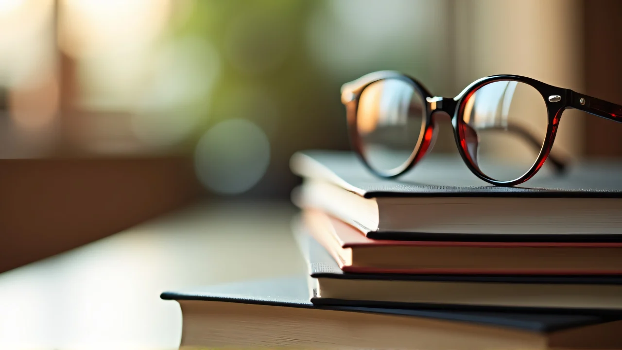 Close-up of round eyeglasses resting on books in warm light.