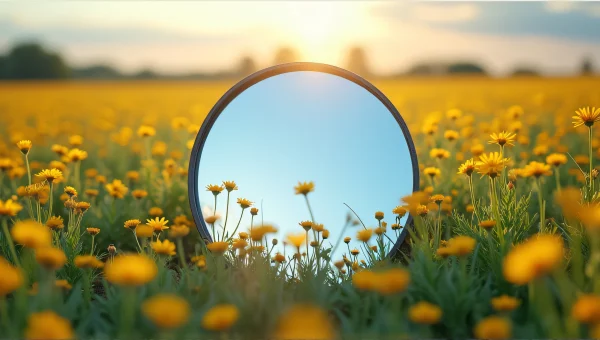 Round Mirror Reflected in Daisy Field Under Sunlight