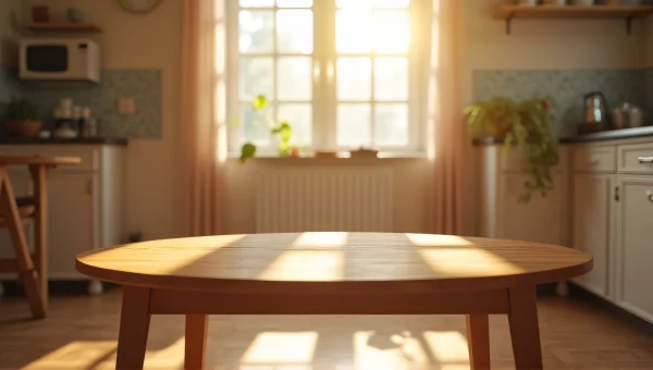 Round Wooden Table And Chair In Sunlit Kitchen