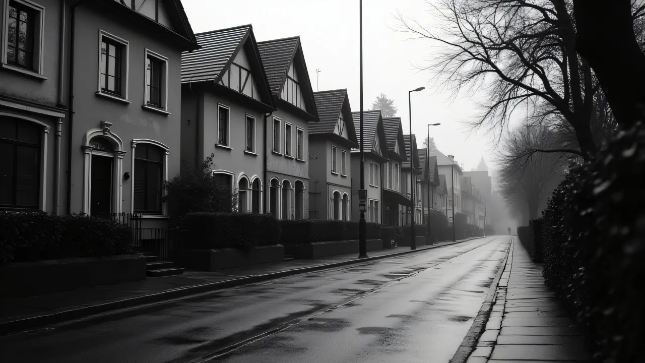 Grayscale view of houses along a narrow street with wet pavement reflections and deep shadows.