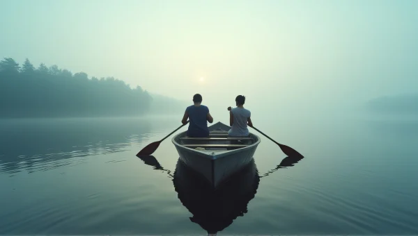 Rowing Wooden Boat Across Misty Lake Dawn