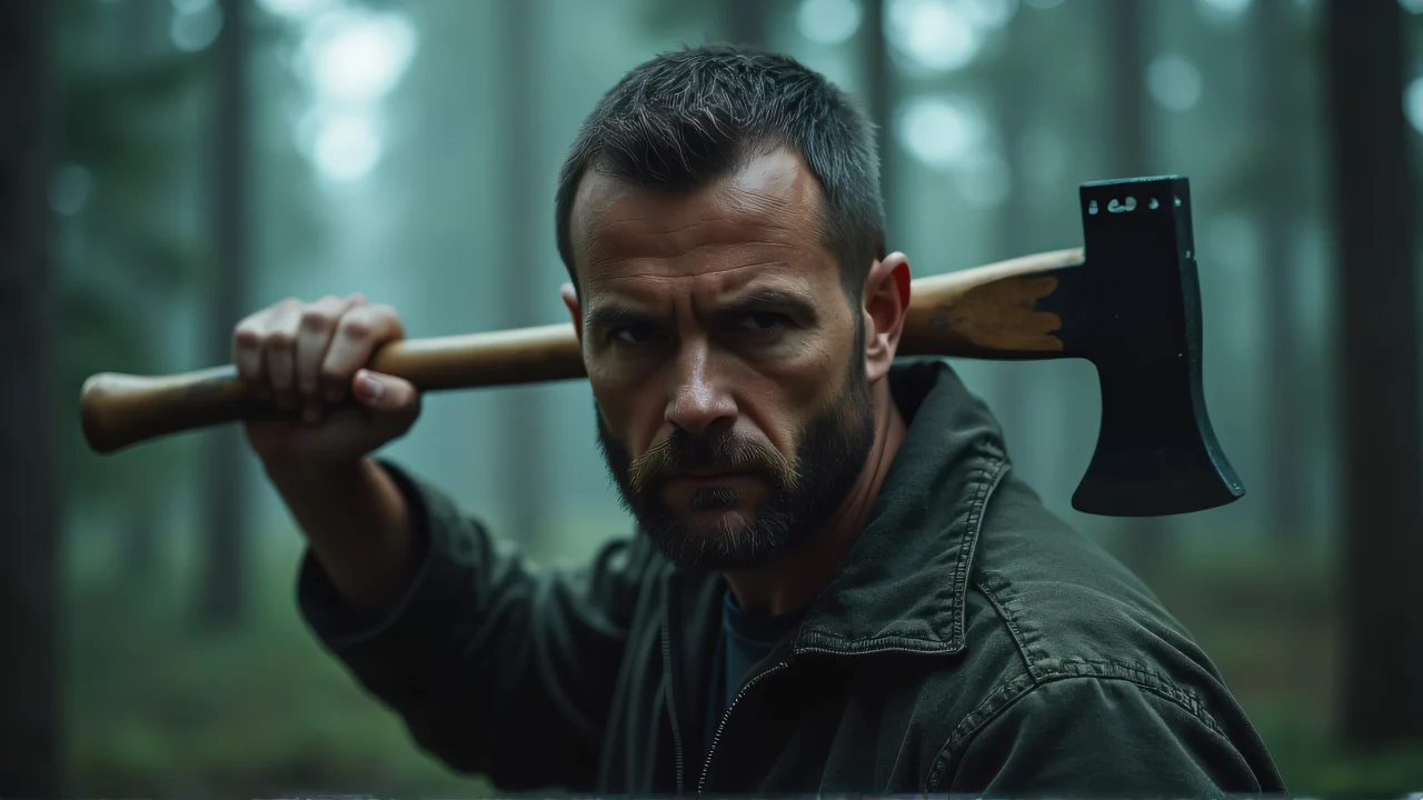 A rugged man grips an axe over his shoulder in a stormy forest setting.