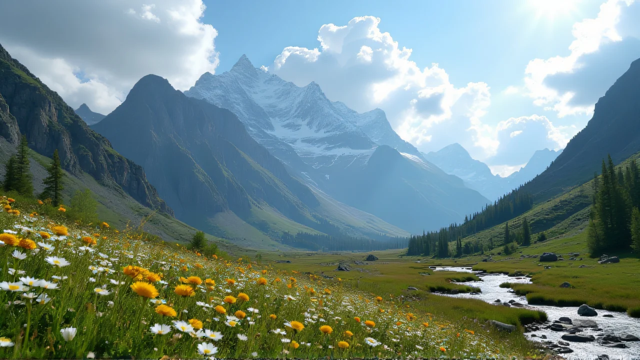 Wide-angle view of a rugged mountain range with wildflowers and a winding river.