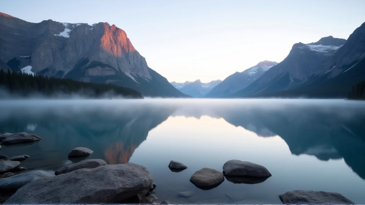 Wide-angle view of mountains reflecting in a calm lake at dawn with mist.