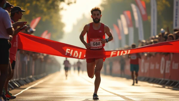 Runner Finishing Race in Red Tank Top Under Sunlight