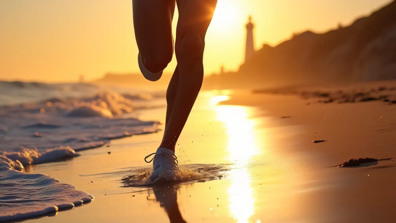 A runner sprints along a wet shoreline at sunset, leaving footprints in the sand.