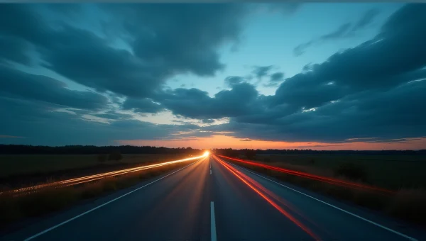 Rural Road at Dusk with Headlight Streaks