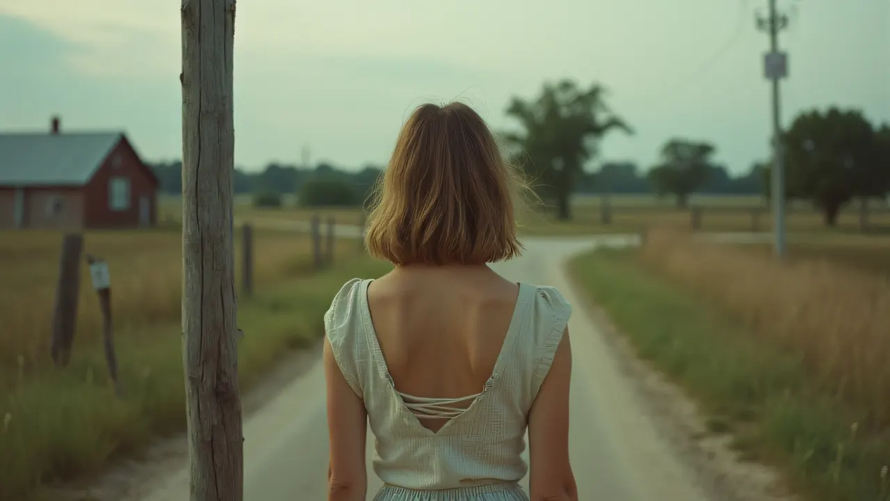 A woman stands contemplatively by a wooden post at a rural crossroads.