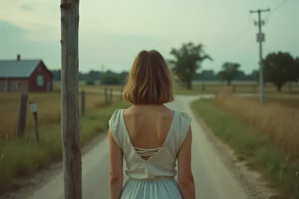 Rural Woman at Crossroads With Wooden Post